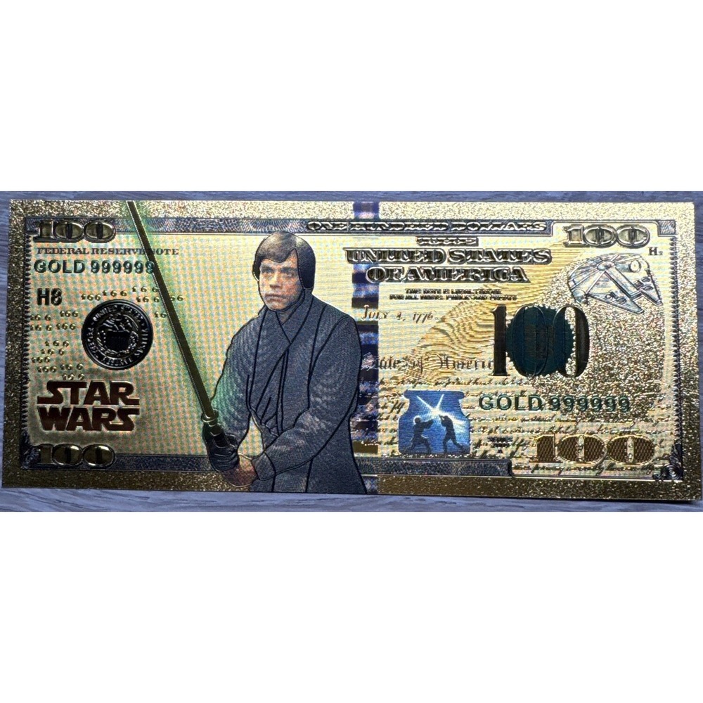 24k Gold Plated Luke Skywalker Star Wars Banknote Collectible $100 Bill
